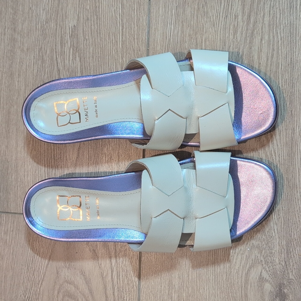 Mavette cream and metallic purple sandals size 37, approx 6.5 us